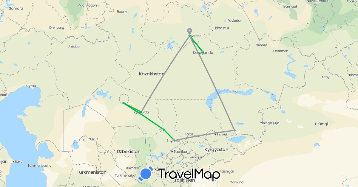 TravelMap itinerary: driving, bus, plane in Kazakhstan (Asia)